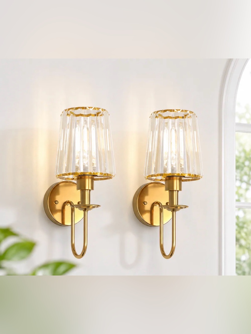 Set of 2 โผ๏ธBattery Operated Gold Wall Sconces Crystal Cylindricalโผ๏ธlampshades